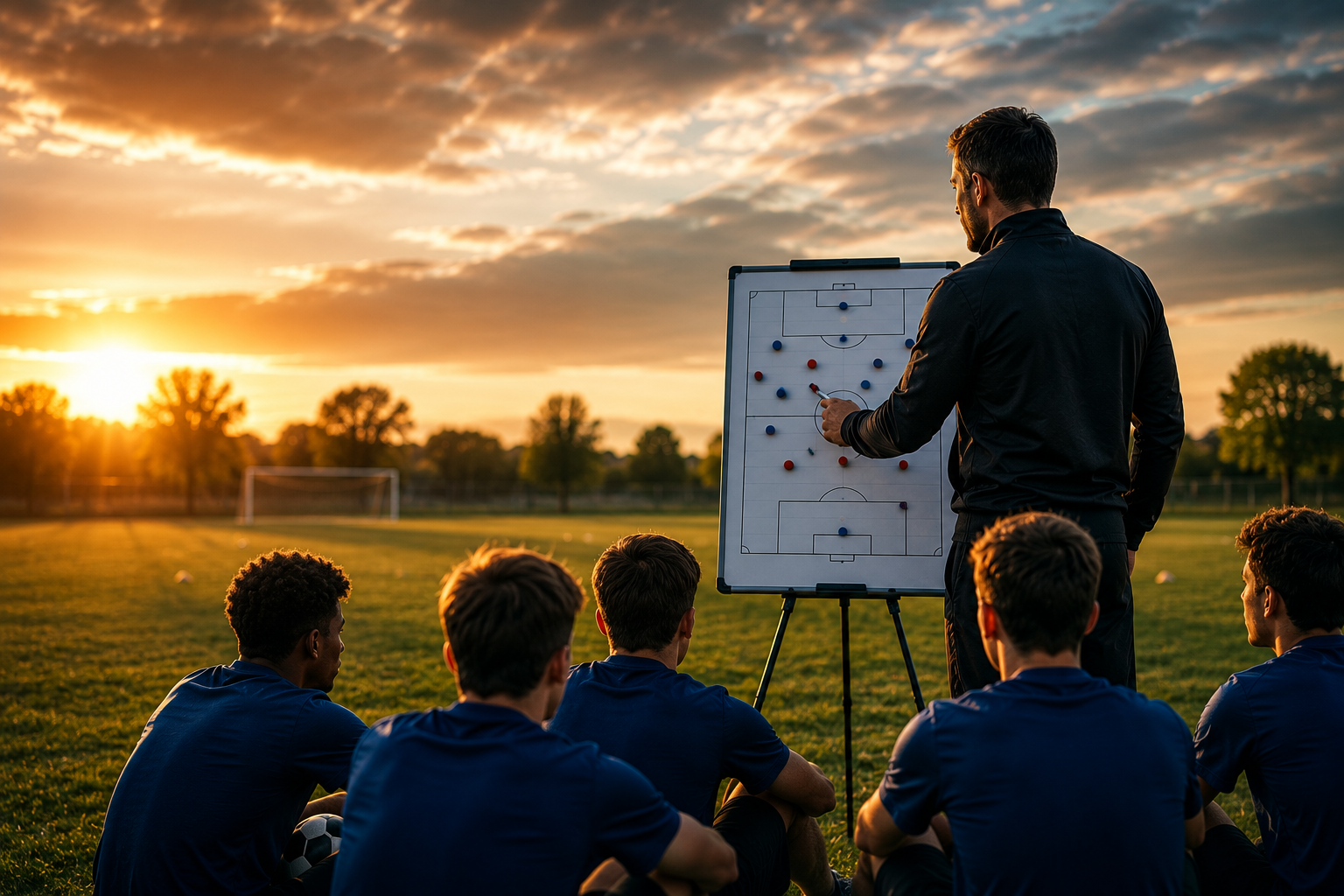 Coach présentant une séance tactique à ses joueurs au coucher du soleil