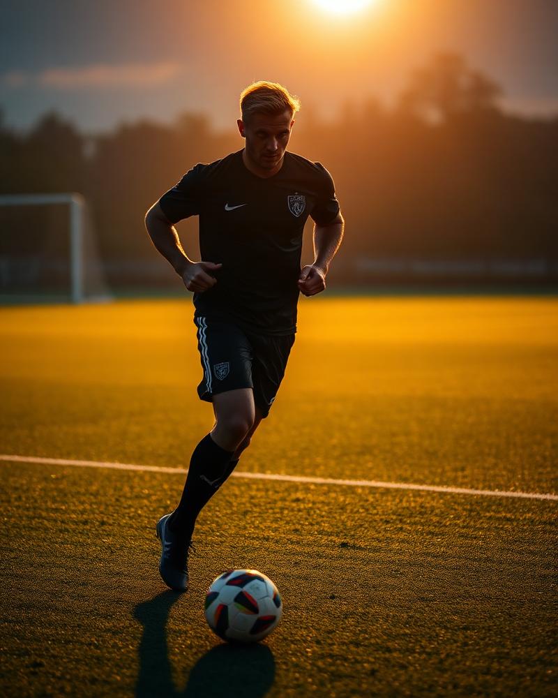Joueur de football en pleine séance de préparation au lever du soleil